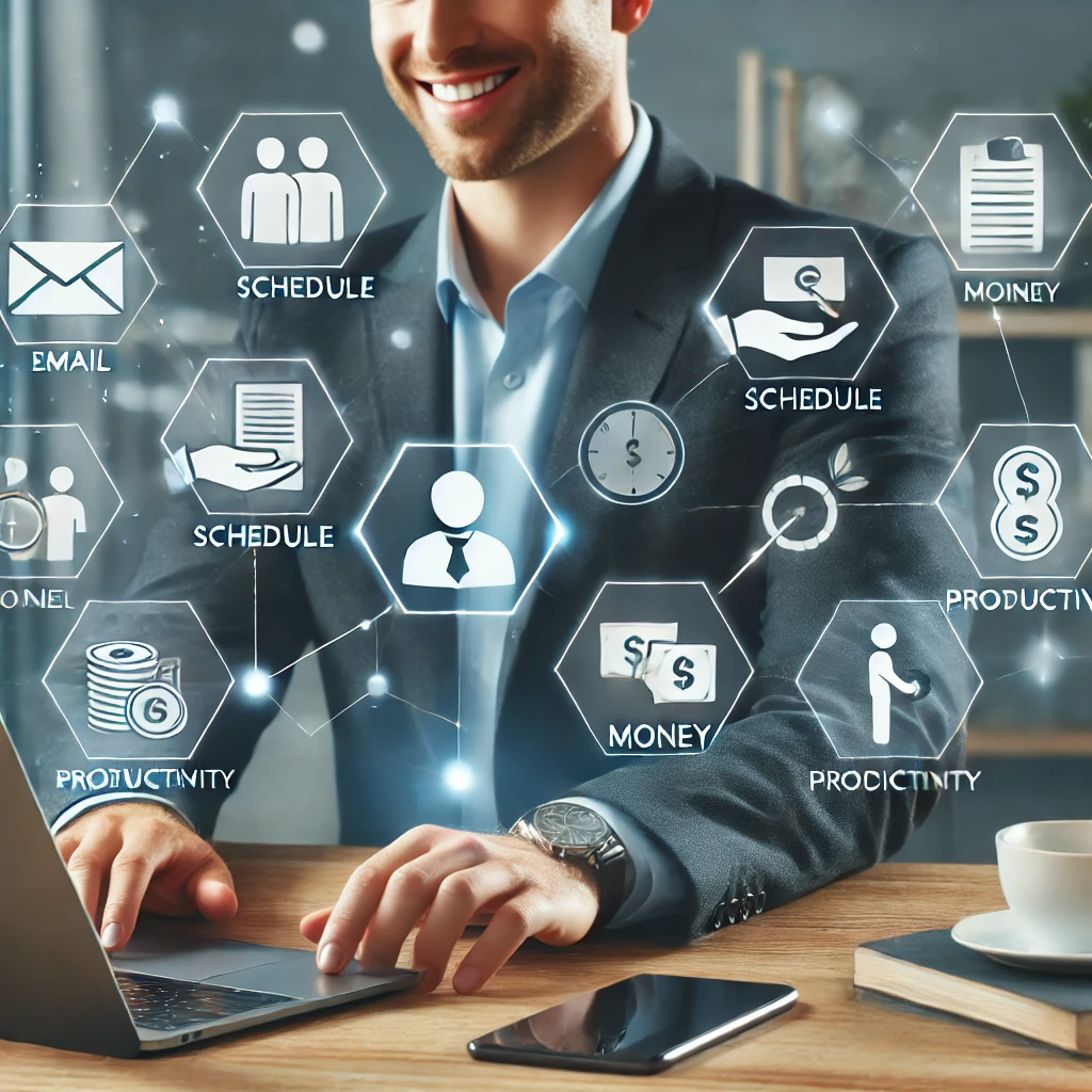 Illustration of an entrepreneur working with the help of a virtual assistant. Digital icons representing tasks like email, schedule, money, productivity, and growth float around, symbolizing how virtual assistants improve efficiency and help manage business tasks.