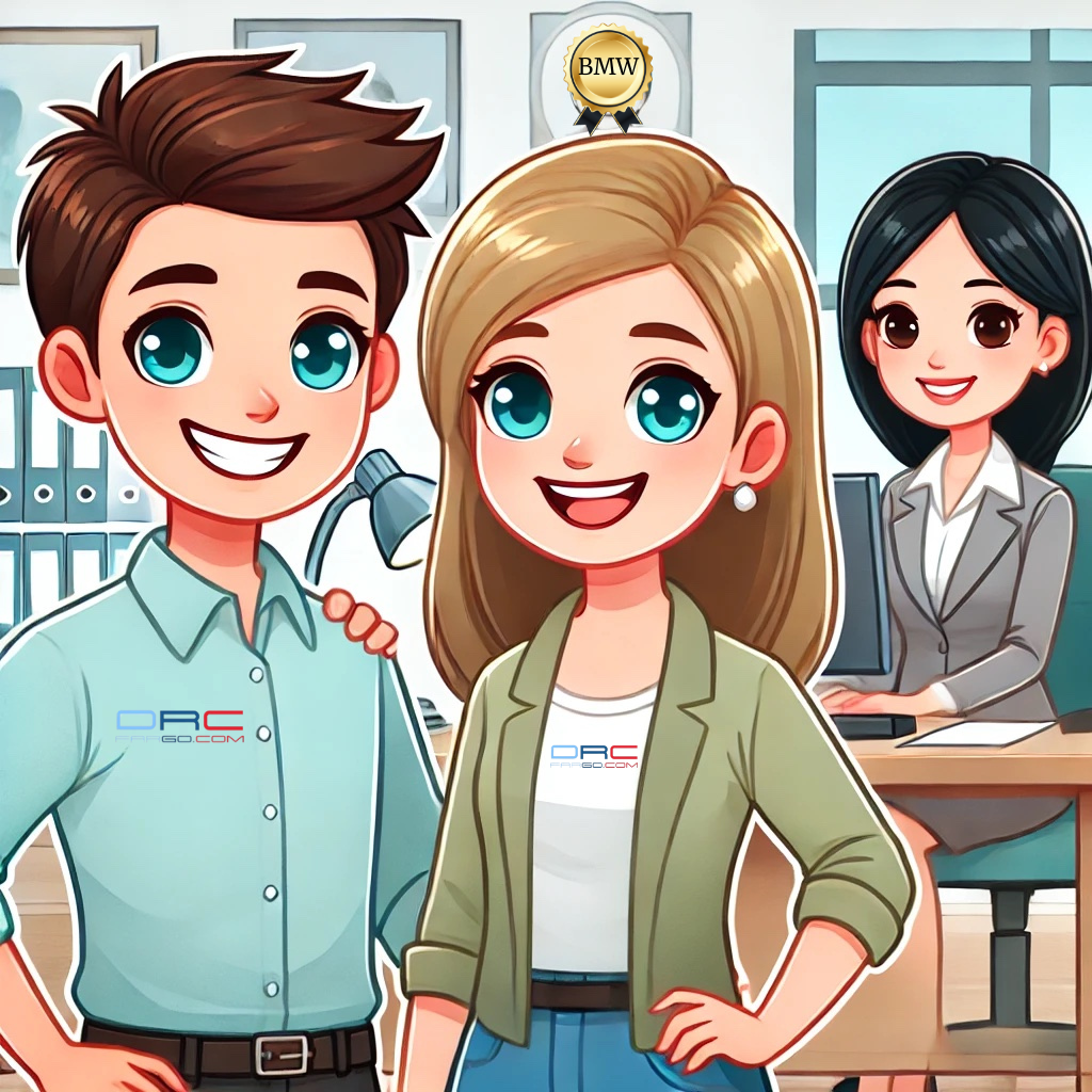 Cartoon illustration of Joe, Deanne, and Min from the 'Help from Texta' case study. Joe is a mechanic standing beside Deanne, who has blond hair, while Min is in the background at a desk.